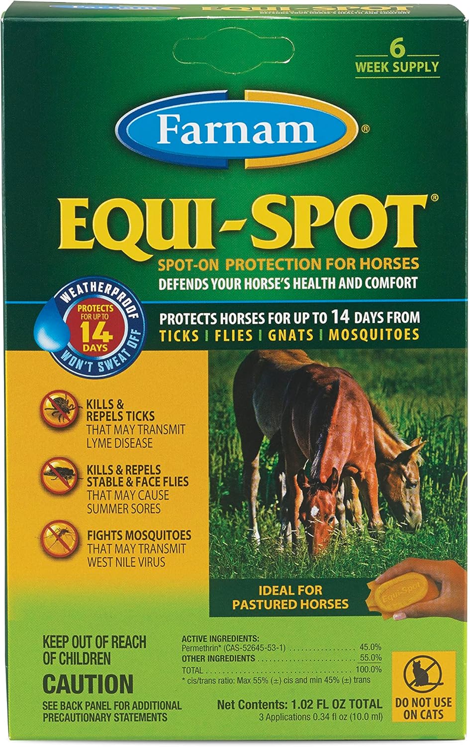 Farnam Equi-Spot Fly Control Horses 3-Pack Waterproof Kills Flies Ticks 6 Weeks