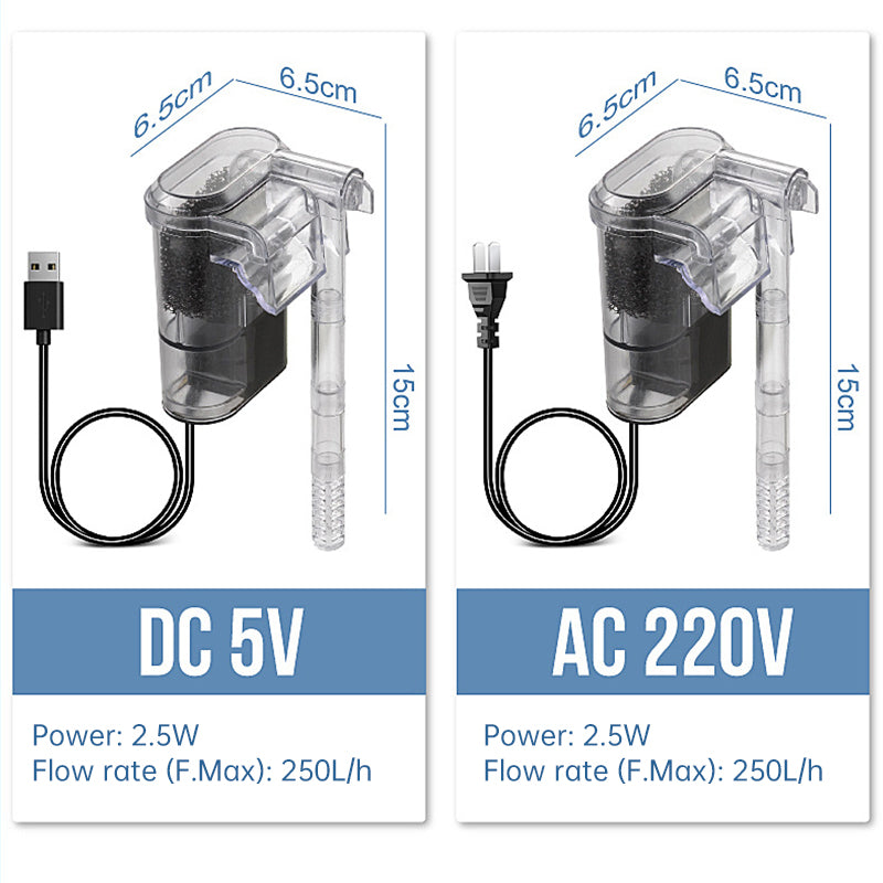 New USB - powered hanging aquarium filter, 2.5W, 250L/H. Ideal for aquariums under 30cm. Mini size.