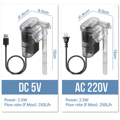 New USB - powered hanging aquarium filter, 2.5W, 250L/H. Ideal for aquariums under 30cm. Mini size.