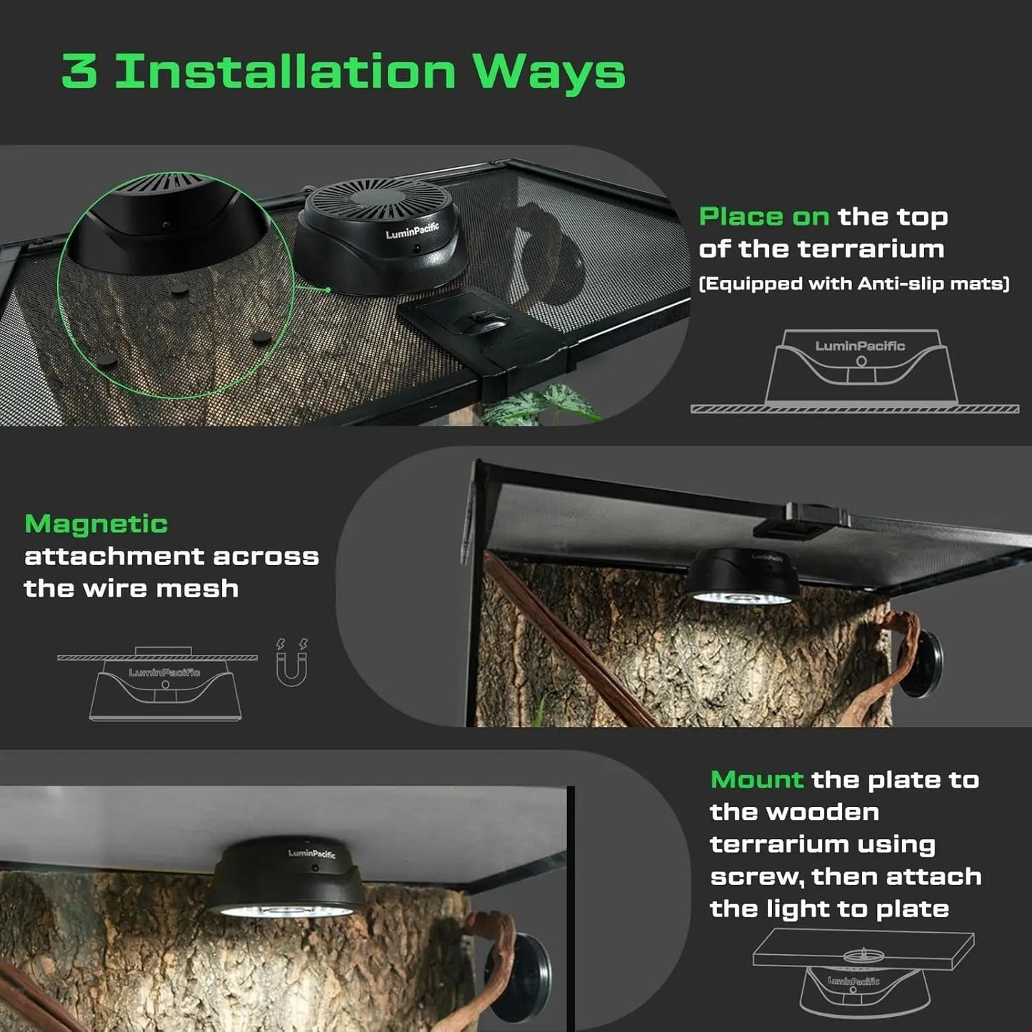 LED Reptile Light w/ Remote – UVA UVB FR Lamp, Timer, Dimmable (Zones 1–4)